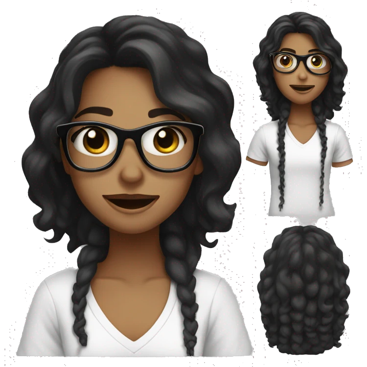 With Girl with long black hair with loose curls and black glasses, smile, black eyes, white tshirt emoji