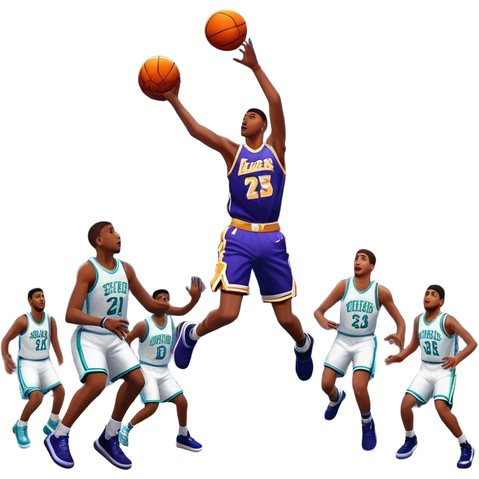 An icon featuring a basketball court with players in action, inspired by NBA 2K25. A player jumps for a dunk, with the ball mid-air. Bright lights illuminate the court, symbolizing the excitement of sports simulation games. Transparent background emphasizes the energy. emoji