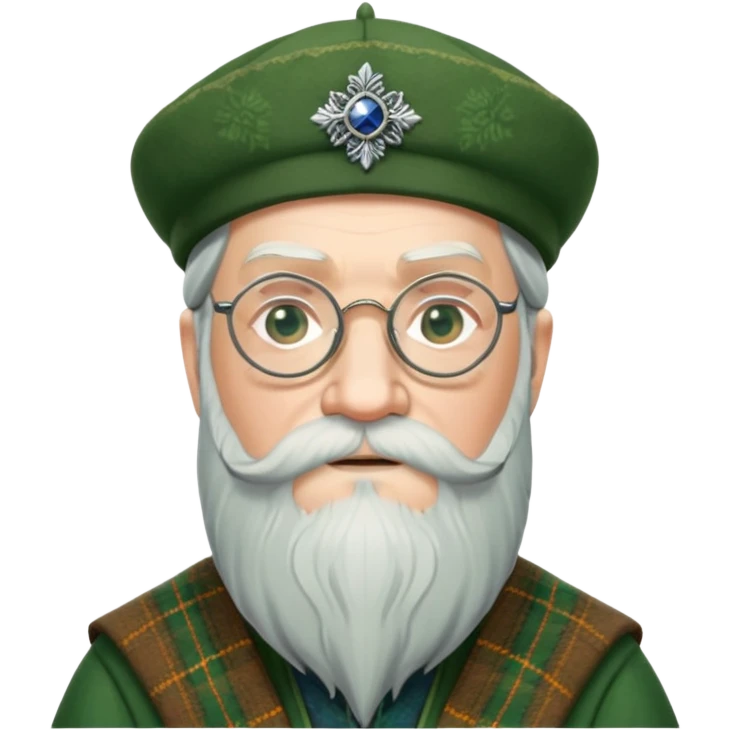 Dumbledore wear green scotland Tam o'shanter cap with decorative patterns, wear glasses, very long beard emoji