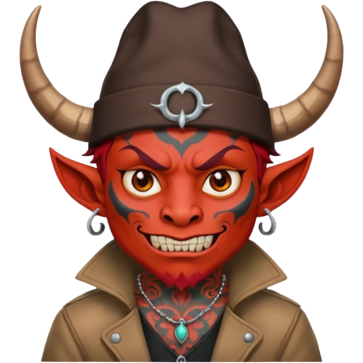 red demon with tattoos, hat, jacket and horns emoji