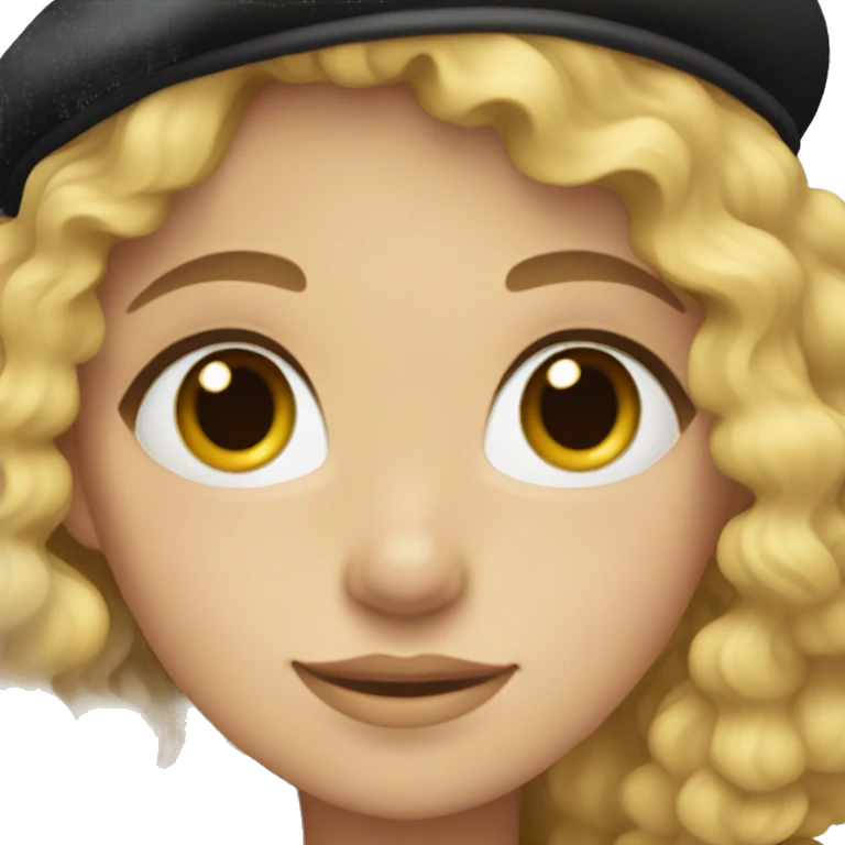 blonde, curly haired girl with grey eyes and freckles, wearing a black beret.  emoji