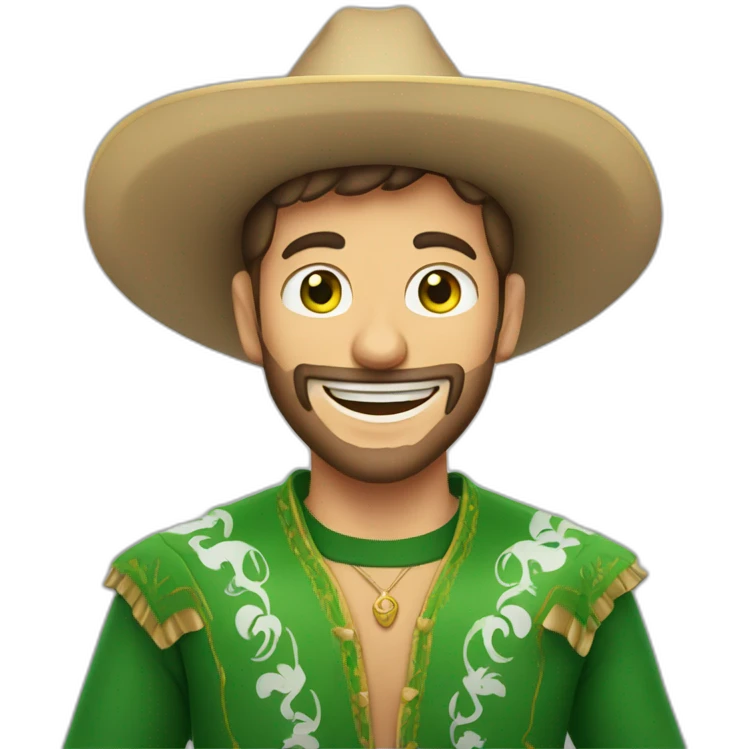 young man with short beard, laughing, green eyes, wearing  charro hat mexican emoji