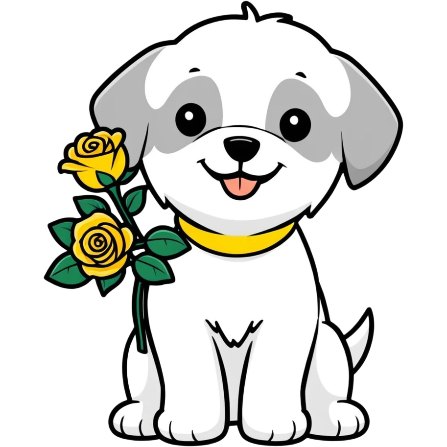 A watercolor drawing of a happy maltese dog carrying a bunch of yellow roses. emoji
