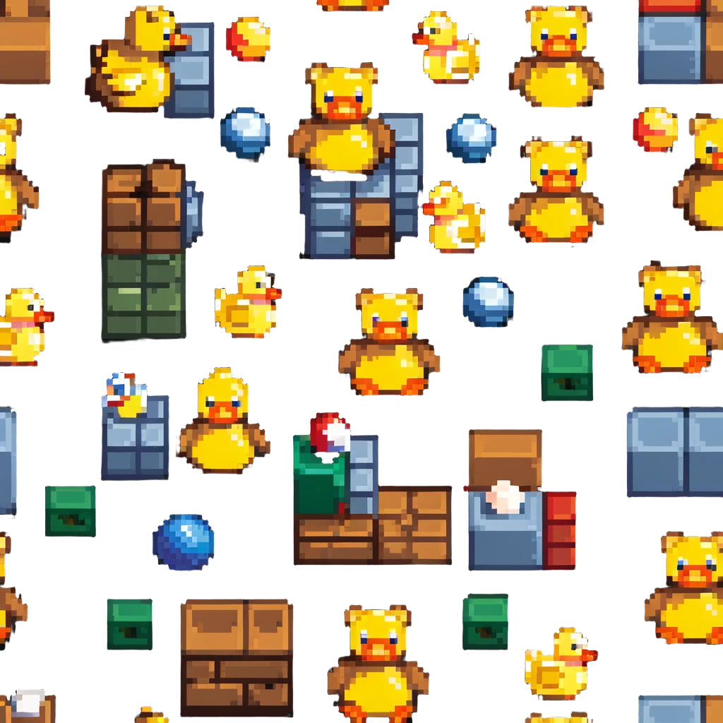 toy collection scattered - teddy bear, rubber duck, building blocks, ball, action figures emoji