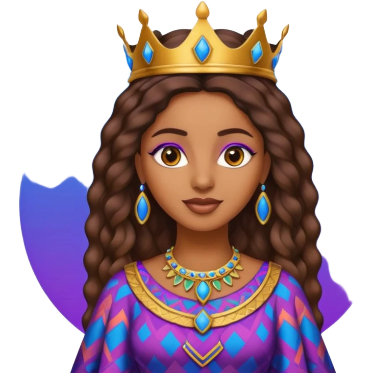 Create me an emoji of a beautiful Ethiopian Queen of Sheba wearing a neon purple and blue gradient African patterns. emoji