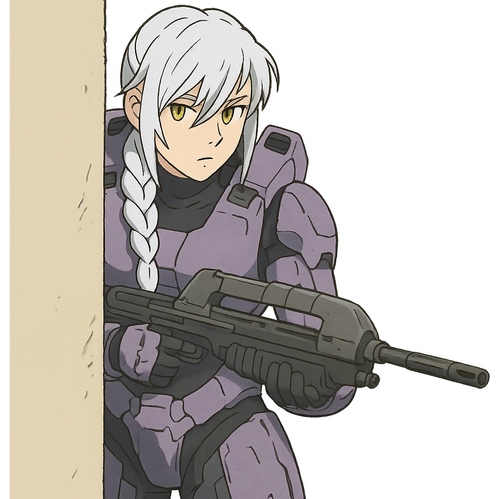 female, wearing reach spartan armor default, long white braid hair with massive messy front side single bangs, gold yellow eyes, attention pose, HALO:series, no helmet, the armor is lavender color scheme, shoulder pad off. DDD bust size fitting. Punk gothic cyberpunk, peeking around a corner wall brandishing a classic halo1 AR emoji