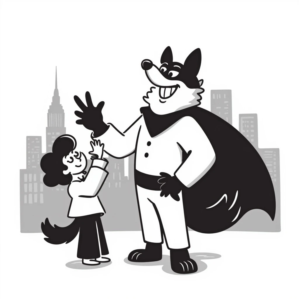 Dogman with a sidekick, hand drawn doodle style emoji