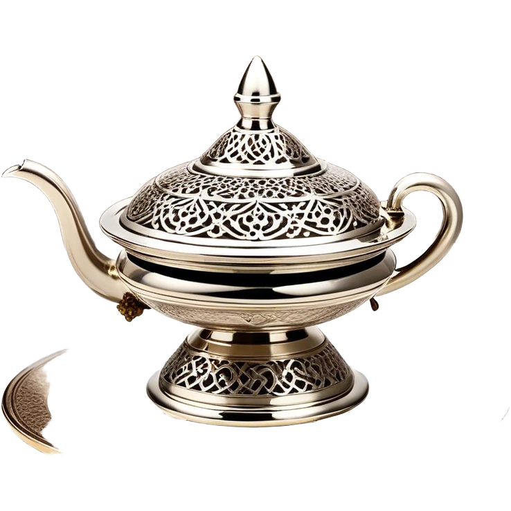 A luxurious Arabian incense burner (mabkhara) elegantly releasing swirling trails of oud or bakhoor smoke, creating a warm and mystical atmosphere. The intricately designed silver burner, placed on a polished tray, exudes opulence and tradition.  emoji