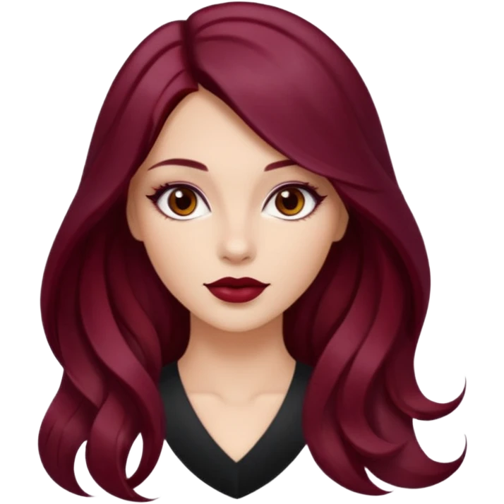 Draw a young glamorous woman with LONG dark burgandy cherry hair in a MIDDLE PART styled slightly wavy emoji