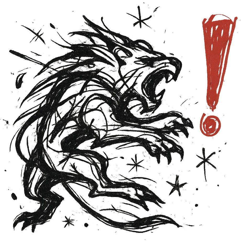 leaping lion shadow with red exclamation mark, bold dynamic style, inspired by League of Legends ultimate ability icon emoji
