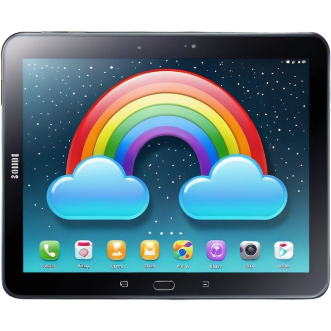 Realistic, still life, Samsung galaxy tablet with a black holographic glitter rainbow effect cover emoji