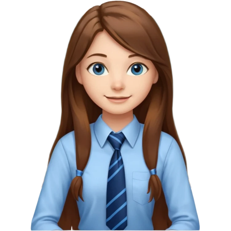 high school class room with a pretty female high school student with long brown hair, blue eyes, wearing a tie, sitting in front of the blackboard emoji