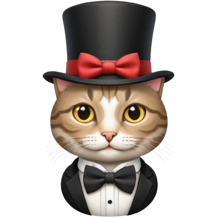 Grey tabby cat in top hat and bow tie emoji