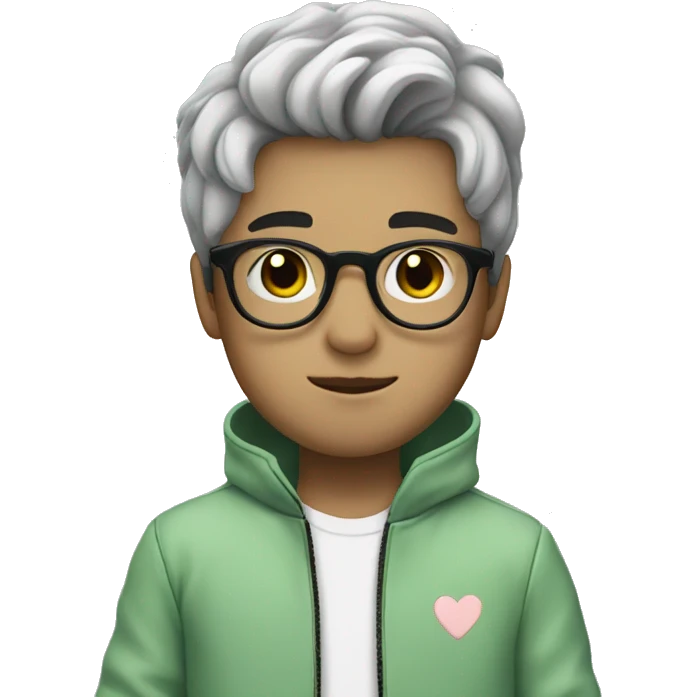 a boy with a pastel green jacket, with white glasses, with black hair, making a heart with his hand  emoji