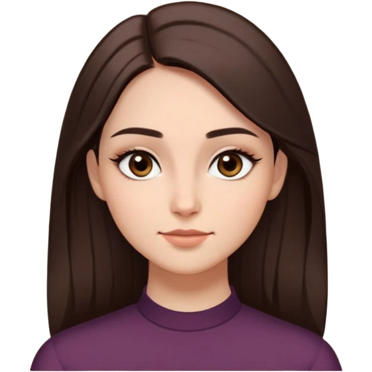 a female character. She has long, straight, dark brown hair with a side part, which softens the contours of her face. Her eyes are large, round, and dark-colored, giving her a gentle and friendly expression. A slight upward curve in her eyeliner adds to the expressiveness of her features.

Her skin is smooth with a natural warm tone, and her eyebrows are softly arched, complementing the modern minimalist aesthetic. A small beauty mark on her cheek adds a touch of uniqueness to her appearance. Her lips are subtly curved into a faint smile, making her look warm and approachable. The dark background enhances the prominence of the character, making her features stand out more vividly. emoji