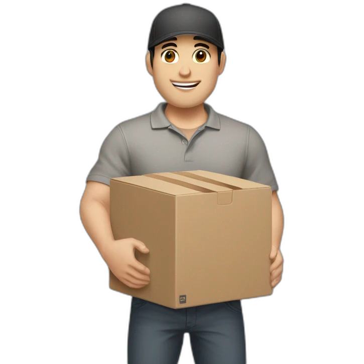Pale skinned fit Man with black hair in a gray cap and brown polo T-shirt keeping a pasted box into his hands emoji