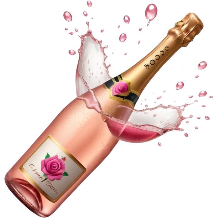 bottle of sparkling rosé champagne with a rose logo on the label, with the cork exploding out from the top, tilted up and to the left, no glass emoji
