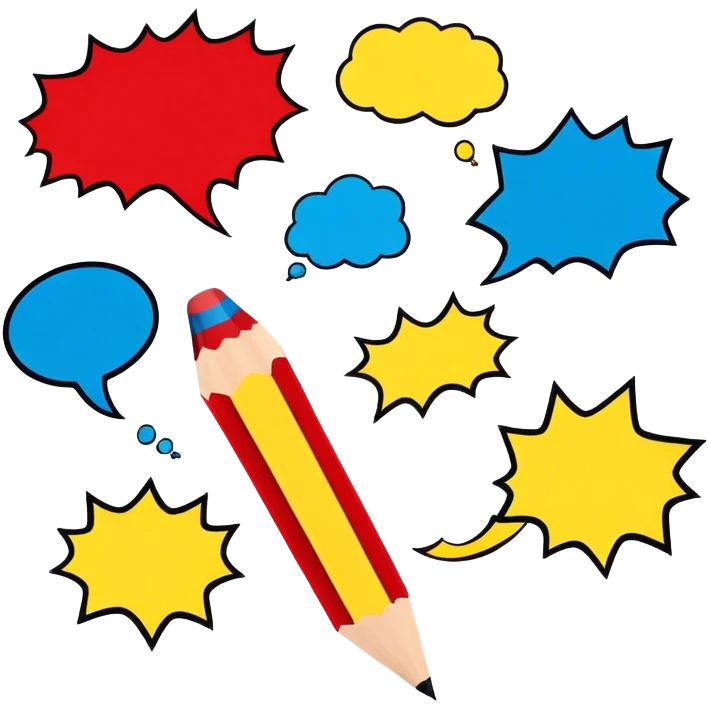 Create a vibrant and dynamic emoji representing comic books and graphic novels as an art form. The design should feature a comic book page with panels and speech bubbles, showcasing bold lines and vibrant colors. Include elements like a pencil or pen, as well as a superhero icon or an action scene to symbolize storytelling through visuals. Use bright, energetic colors like red, blue, and yellow to convey excitement and creativity. The overall design should feel playful, creative, and artistic. Make the background transparent. emoji