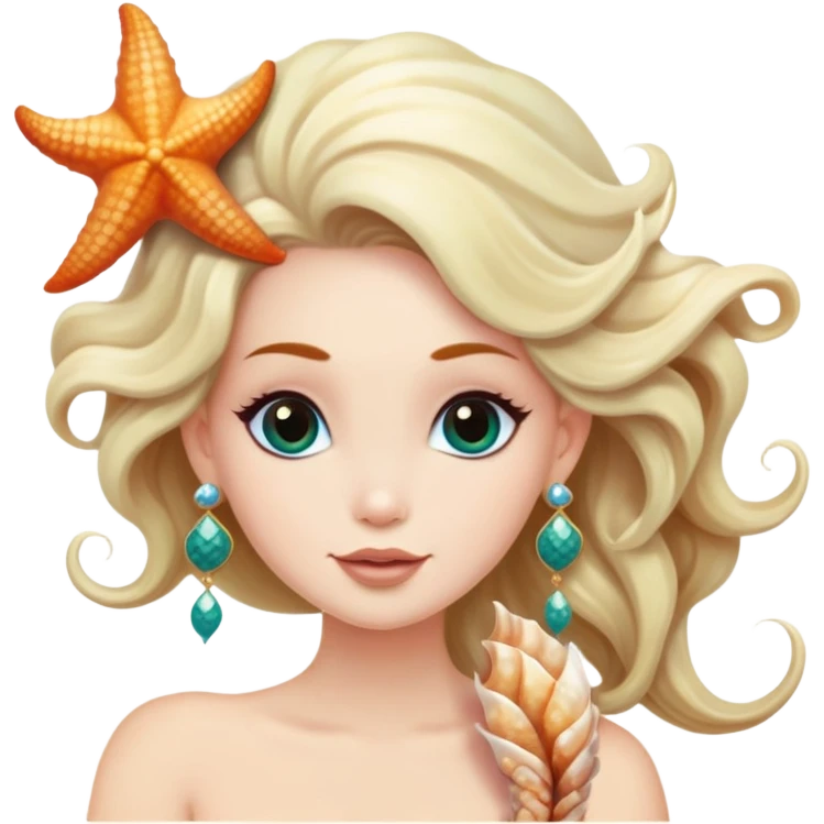 mermaid with seashells in hair, starfish earrings emoji
