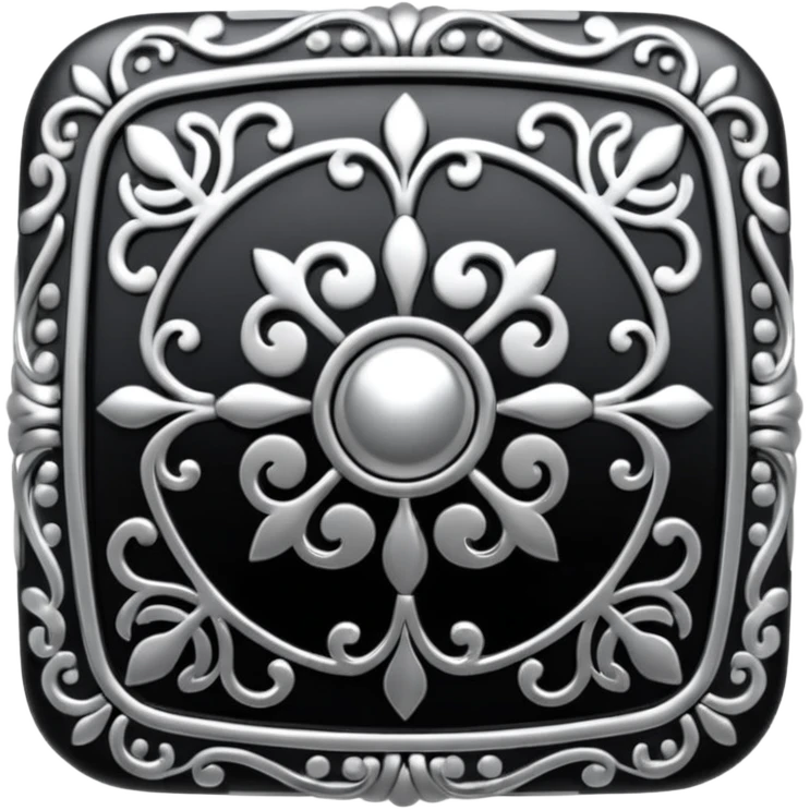 Black and silver filigree square button, 3D, extremely detailed design emoji