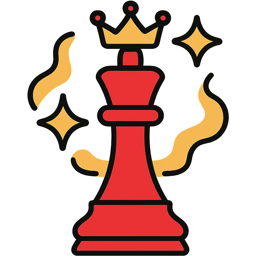 Minimalist red chess king piece, RPG style. Simple outline with fantasy elements like small crown and magical aura. DnD inspired design. emoji