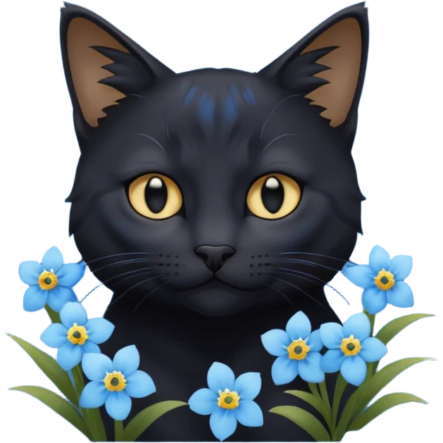 Un chat noir qui jou avec myosotis bleu emoji