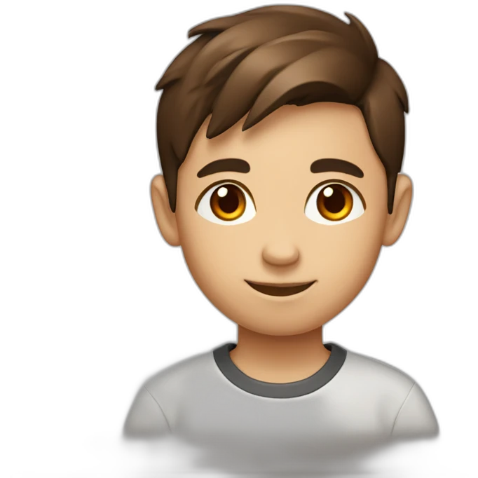 10 year old boy with brown hair wearing a shirt with ubuntu linux logo emoji