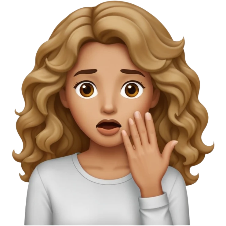 Imagine a woman wearing a long-sleeved shirt with wavy hair and a slightly surprised expression with her hand over her mouth in the iOS emoji style. emoji
