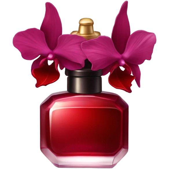 Dark red elegant perfume bottle with red orchids and a red butterfly emoji