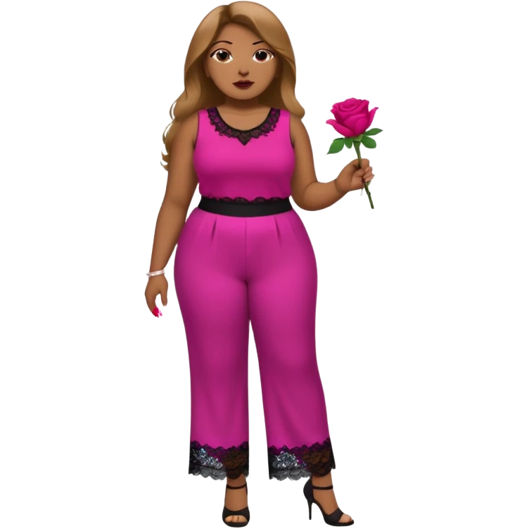 A plus-size Black woman with long, straight, light brown hair is wearing a fuchsia sleeveless shirt and black lace pants. She is standing with fuchsia-painted nails and is holding a rose. emoji