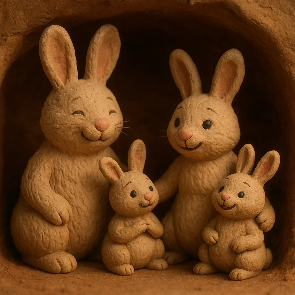 rabbit family in a burrow, cozy and cheerful, detailed fur, claymation style emoji