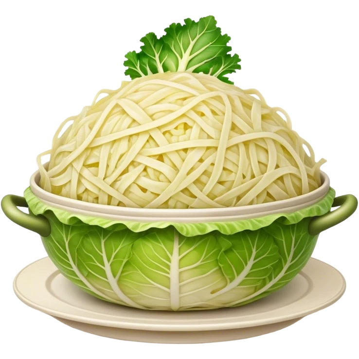 Cinematic Realistic Sauerkraut Dish Emoji, depicted as a tangy, fermented cabbage dish rendered with vibrant textures and natural, appetizing lighting. emoji