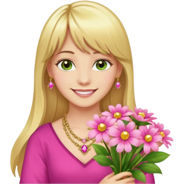 Long blonde haired with bangs, and big boobs smiling woman with hazel geen eyes, wearing pink and gold gemstone chains,  holding a big bouquet of beautiful bright flowers  emoji