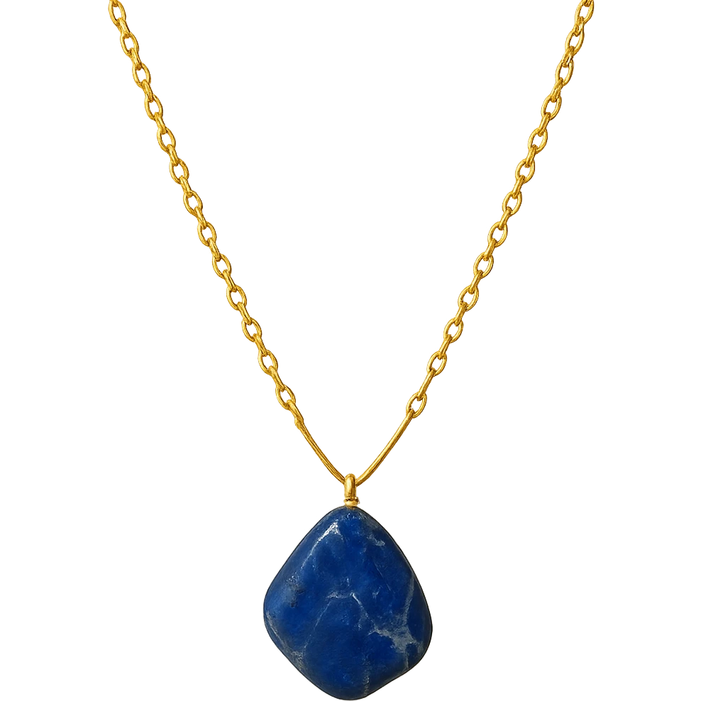 delicate gold chain necklace with an irregular polished deep blue stone, natural white and gray marbled patterns, asymmetrical shape, small metallic bead, raw yet refined earthy elegance emoji