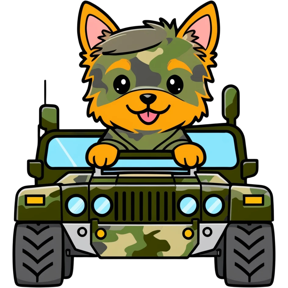 silver yorkie driving a camo hummer emoji