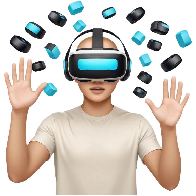humanless emoji for the creation of VR/AR technology. Show a designer's hands holding a VR headset or AR glasses, with floating 3D models or virtual objects being manipulated in the air. Use modern, tech-inspired colors. Do not include any emojis or smiley faces. Make the background transparent. emoji