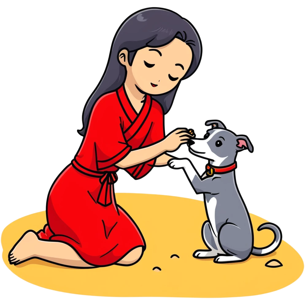 A beautiful 25-year-old Japanese woman with long flowing black hair wearing a stylish red beach dress, gently petting a PURE SOLID DARK GREY whippet with a bright RED COLLAR on a beach at night under a starry sky. The whippet MUST be 100% SOLID DARK GREY with ABSOLUTELY NO WHITE MARKINGS ANYWHERE - specifically NO WHITE on face, NO WHITE on chest, NO WHITE on paws - ENTIRELY ONE CONSISTENT SOLID DARK GREY COLOR throughout. Deep blue night sky filled with bright stars, moonlight reflecting on the ocean, sandy beach in the foreground. emoji