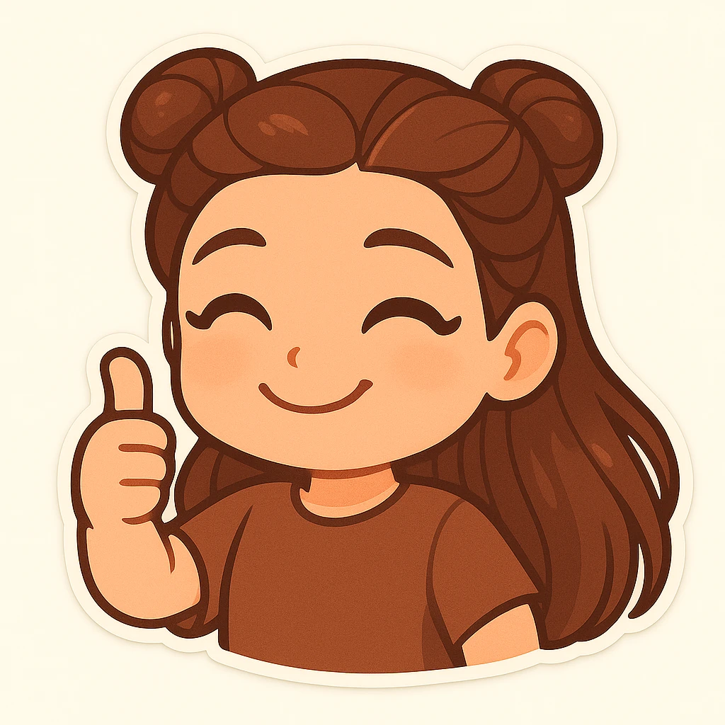 Create a chibi sticker of the girl with double bun hairstyle, smiling and showing a thumbs up, looking pleased and proud. emoji