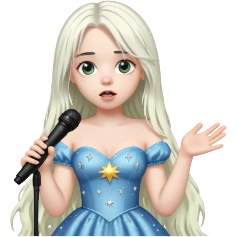 billie eilish is singing, holding mirco and twinkle dresss, white long hair emoji