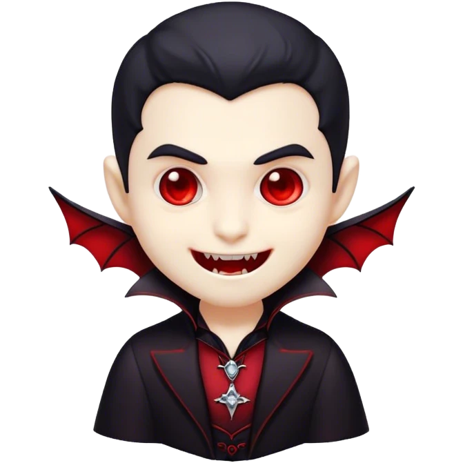 Cinematic Cute Vampire Portrait Emoji, with a refined yet playful small, rounded pale face accented by tiny, cute fangs and bright, twinkling eyes, sporting miniature elegant dark attire with a hint of crimson, simplified yet irresistibly charming, highly detailed with a soft glowing outline that captures the delightful duality of spooky sweetness and stylish allure! emoji