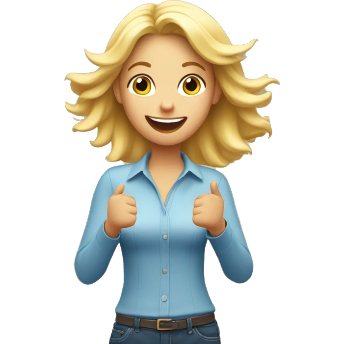 Blonde girl with hands in the air, open palms hand, happy, excited. Above waist only. emoji