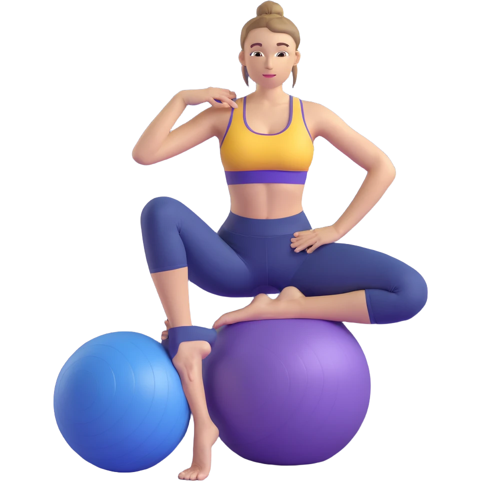 Yellow-skinned girl with high ponytail wearing blue sports bra and navy yoga pants doing yoga with a large exercise ball emoji