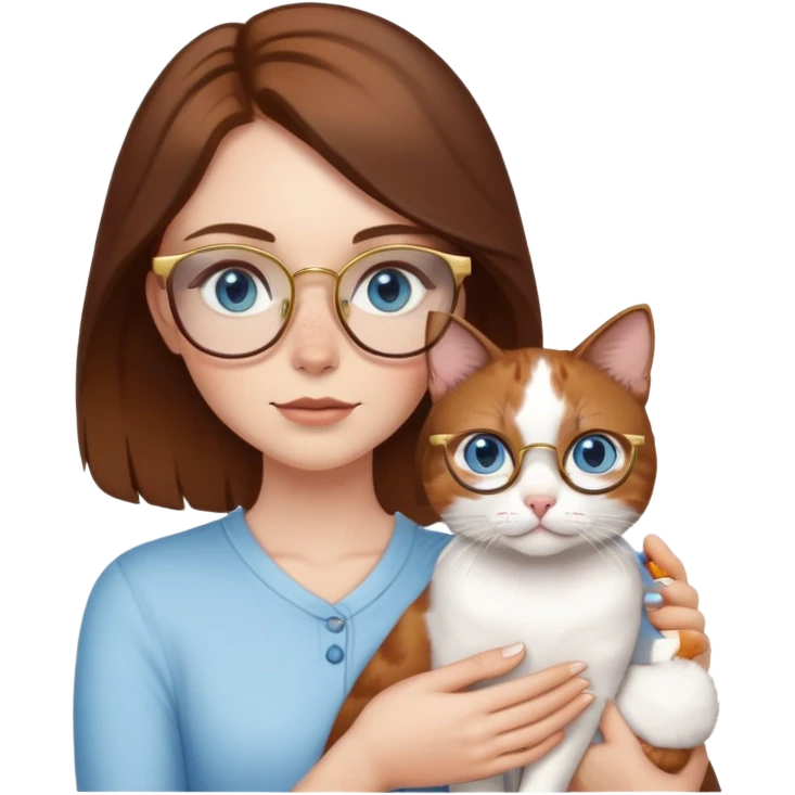 White girl with blue eyes, brown hair, freckles, and gold glasses, holding a small calico cat emoji