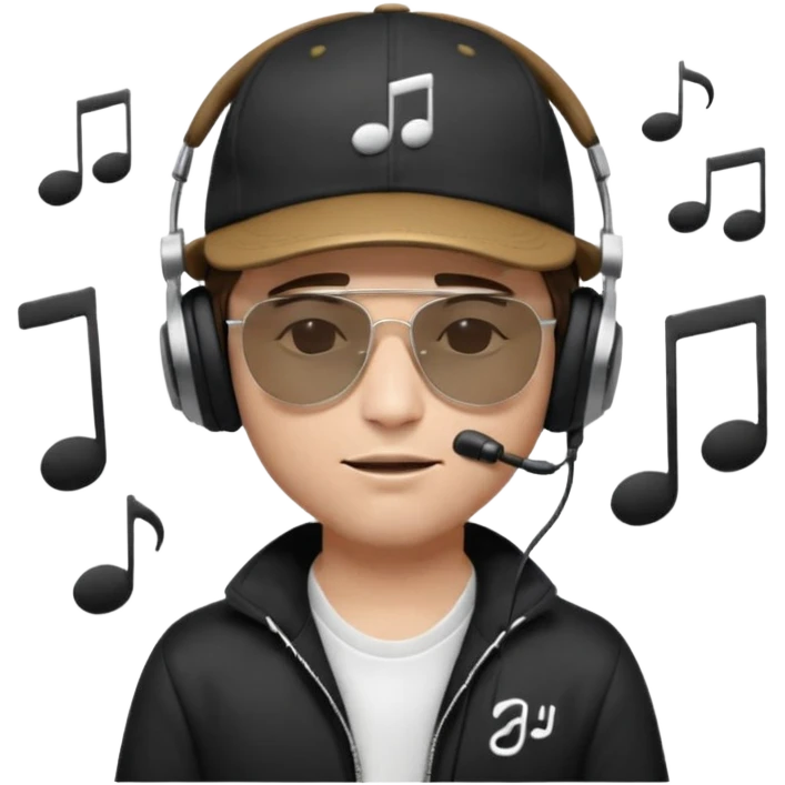 emojis.com dj-man-white-with-baseball-cap---rayban-sun-glasses-80s---brown-hair---closed-eyes-with-headphones-on-with-musical-note-over-head-(listening-to-music-)---eyes-closed-no-glasses---black-hat--musical-notes emoji