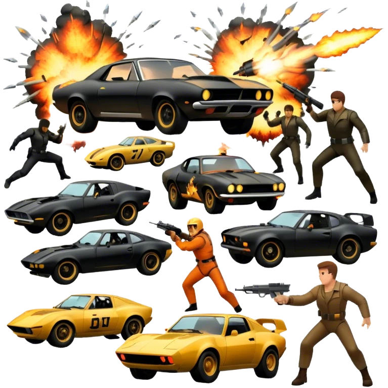 Photorealistic Icon for Action Movies: Dynamic close-up collage of iconic action movie scenes featuring explosions, fast cars, combat, and weapons. Include silhouettes of famous action heroes, dramatic lighting, and a sense of high-octane energy. Transparent background. emoji