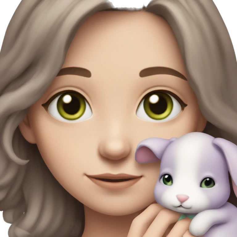White skinned girl with green eyes and brown hair, cuddling her lilac-grey, floppy bunny teddy emoji