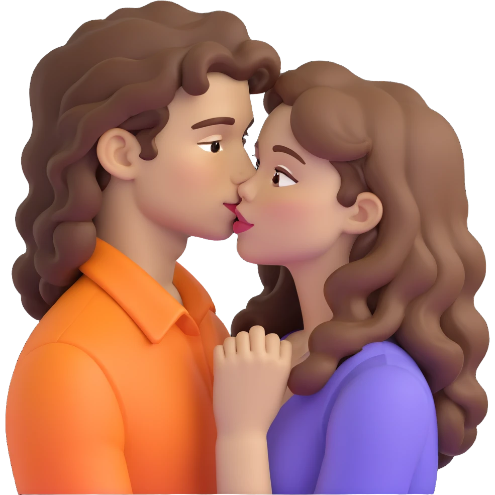 long light brown hair girl with pale skin and boy with dark curly hair and tanned skin kissing emoji