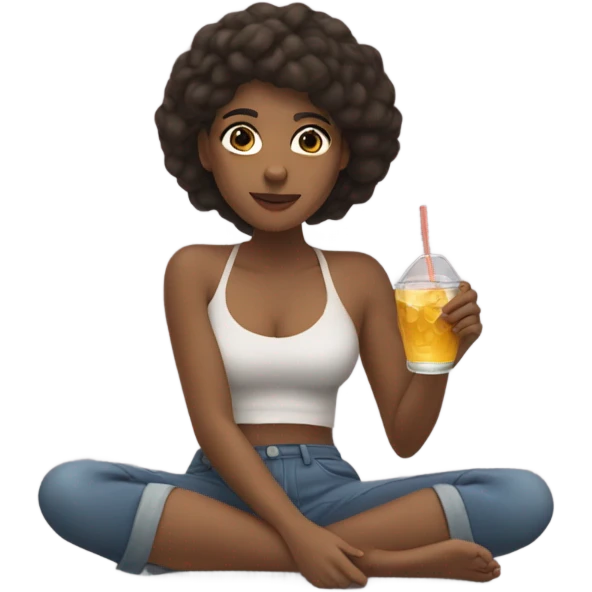 Brown woman laying on floor, holding a drink in hand ￼ emoji