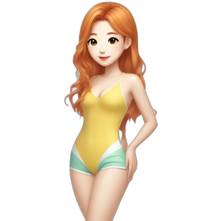 asian chinese girl, beach suit, kpop idol, full body, trendy hairstyle, ginger hair, pretty girl  emoji