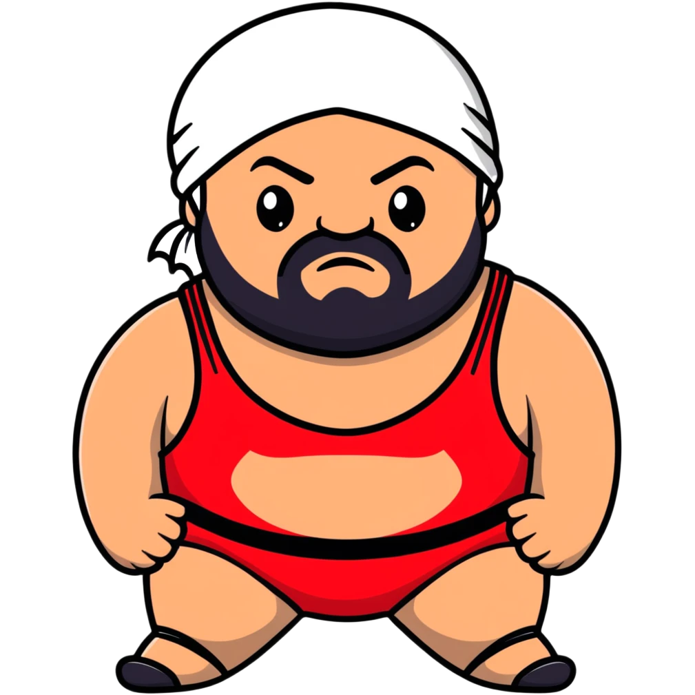 White skin fat guy with black durag and black beard in a red and black wrestling singlet emoji
